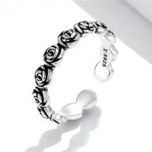 Vintage Carved Three-dimensional Rose Flowers Wholesale 925 Sterling Silver Open-end Ring