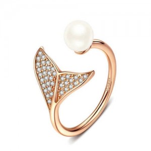 Elegant Mermaid Tail and Pearl Combo Open-end Wholesale 925 Sterling Silver Women Ring - Golden