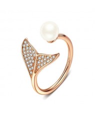 Elegant Mermaid Tail and Pearl Combo Open-end Wholesale 925 Sterling Silver Women Ring - Golden