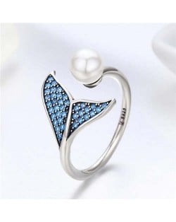 Elegant Mermaid Tail and Pearl Combo Open-end Wholesale 925 Sterling Silver Women Ring - Silver