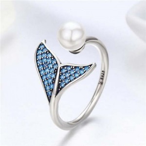 Elegant Mermaid Tail and Pearl Combo Open-end Wholesale 925 Sterling Silver Women Ring - Silver