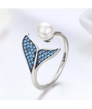 Elegant Mermaid Tail and Pearl Combo Open-end Wholesale 925 Sterling Silver Women Ring - Silver