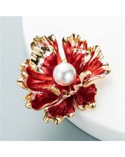 Blooming Flowers Artificial Pearl Inlaid Design Party Fashion Elegant Women Brooch - Red