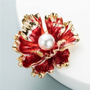 Blooming Flowers Artificial Pearl Inlaid Design Party Fashion Elegant Women Brooch - Red