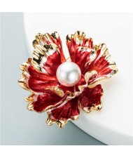 Blooming Flowers Artificial Pearl Inlaid Design Party Fashion Elegant Women Brooch - Red
