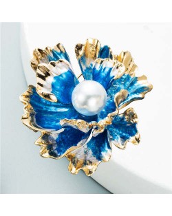 Blooming Flowers Artificial Pearl Inlaid Design Party Fashion Elegant Women Brooch - Blue