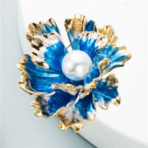 Blooming Flowers Artificial Pearl Inlaid Design Party Fashion Elegant Women Brooch - Blue