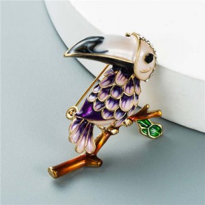 U.S. Style Creative Woodpecker Rhinestone Inlaid Unique Design Women Oil-spot Glazed Brooch - Purple