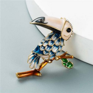 U.S. Style Creative Woodpecker Rhinestone Inlaid Unique Design Women Oil-spot Glazed Brooch - Blue