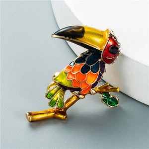U.S. Style Creative Woodpecker Rhinestone Inlaid Unique Design Women Oil-spot Glazed Brooch - Multicolor