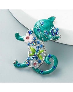 Colorful Cat Rhinestone Inlaid Hollow-out Design Korean Fashion Women Cute Brooch - Green