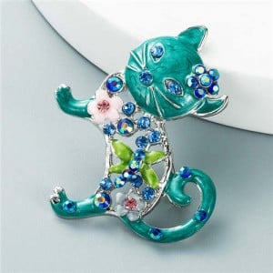 Colorful Cat Rhinestone Inlaid Hollow-out Design Korean Fashion Women Cute Brooch - Green