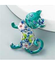 Colorful Cat Rhinestone Inlaid Hollow-out Design Korean Fashion Women Cute Brooch - Green