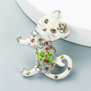 Colorful Cat Rhinestone Inlaid Hollow-out Design Korean Fashion Women Cute Brooch - White