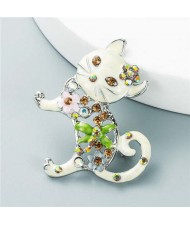 Colorful Cat Rhinestone Inlaid Hollow-out Design Korean Fashion Women Cute Brooch - White