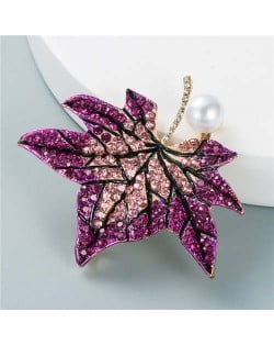 Luxurious Rhinestone Maple Leaf Shape Artificial Pearl Inlaid Women Popular Brooch - Purple