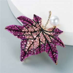 Luxurious Rhinestone Maple Leaf Shape Artificial Pearl Inlaid Women Popular Brooch - Purple