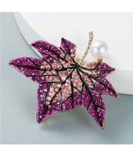 Luxurious Rhinestone Maple Leaf Shape Artificial Pearl Inlaid Women Popular Brooch - Purple