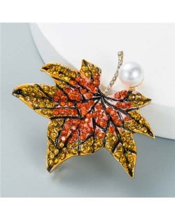 Luxurious Rhinestone Maple Leaf Shape Artificial Pearl Inlaid Women Popular Brooch - Orange