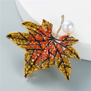 Luxurious Rhinestone Maple Leaf Shape Artificial Pearl Inlaid Women Popular Brooch - Orange