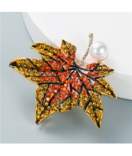 Luxurious Rhinestone Maple Leaf Shape Artificial Pearl Inlaid Women Popular Brooch - Orange