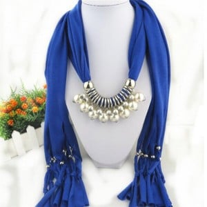 Elegant Artificial Pearls Tassels Fashion Scarf Necklace - Royal Blue