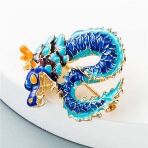 Chinese Style Giant Dragon Rhinestone Inlaid Fashion Design Luxurious Brooch - Blue