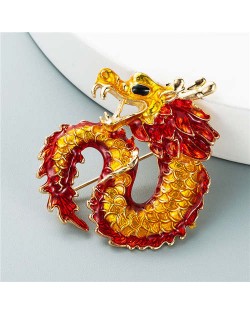 Chinese Style Giant Dragon Rhinestone Inlaid Fashion Design Luxurious Brooch - Yellow