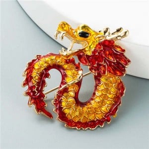 Chinese Style Giant Dragon Rhinestone Inlaid Fashion Design Luxurious Brooch - Yellow