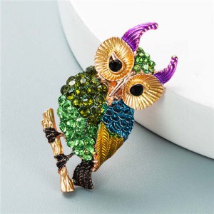 Luxurious Colorful Rhinestone Embellished Night Owl Korean Fashion Alloy Women Brooch - Green