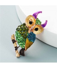 Luxurious Colorful Rhinestone Embellished Night Owl Korean Fashion Alloy Women Brooch - Green