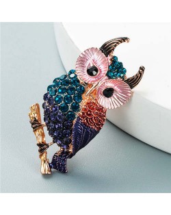 Luxurious Colorful Rhinestone Embellished Night Owl Korean Fashion Alloy Women Brooch - Blue