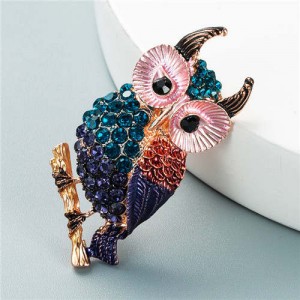 Luxurious Colorful Rhinestone Embellished Night Owl Korean Fashion Alloy Women Brooch - Blue