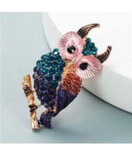 Luxurious Colorful Rhinestone Embellished Night Owl Korean Fashion Alloy Women Brooch - Blue