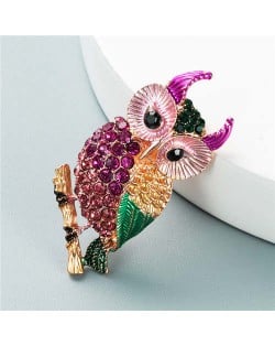 Luxurious Colorful Rhinestone Embellished Night Owl Korean Fashion Alloy Women Brooch - Pink