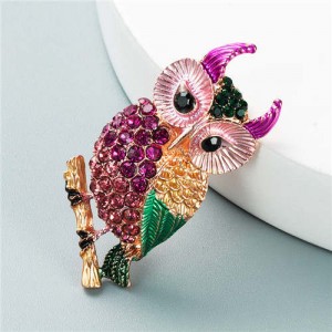 Luxurious Colorful Rhinestone Embellished Night Owl Korean Fashion Alloy Women Brooch - Pink