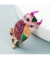 Luxurious Colorful Rhinestone Embellished Night Owl Korean Fashion Alloy Women Brooch - Pink