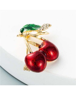 Oil-spot Glazed Cherry Rhinestone Inlaid Design Women Fashion Brooch