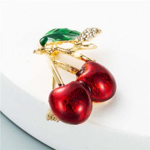 Oil-spot Glazed Cherry Rhinestone Inlaid Design Women Fashion Brooch