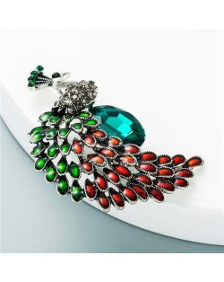 Shining Rhinestone Colorful Peacock Design High Fashion Women Alloy Brooch - Red