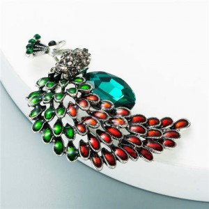 Shining Rhinestone Colorful Peacock Design High Fashion Women Alloy Brooch - Red