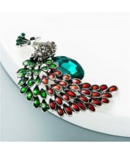 Shining Rhinestone Colorful Peacock Design High Fashion Women Alloy Brooch - Red