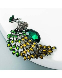 Shining Rhinestone Colorful Peacock Design High Fashion Women Alloy Brooch - Yellow