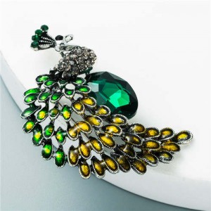 Shining Rhinestone Colorful Peacock Design High Fashion Women Alloy Brooch - Yellow