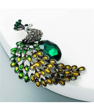 Shining Rhinestone Colorful Peacock Design High Fashion Women Alloy Brooch - Yellow