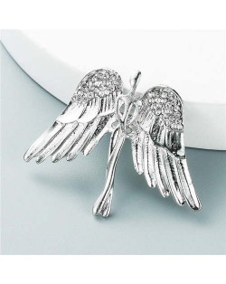 European and U.S. High Fashion Angel Wings Rhinestone Inlaid Minimalist Design Women Alloy Brooch - Silver