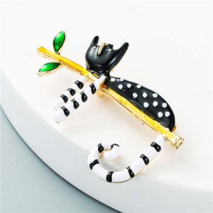 Super Cute Lazy Cat Korean Fashion Black and White Embellished Oil-spot Glazed Women Brooch - Black