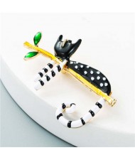 Super Cute Lazy Cat Korean Fashion Black and White Embellished Oil-spot Glazed Women Brooch - Black