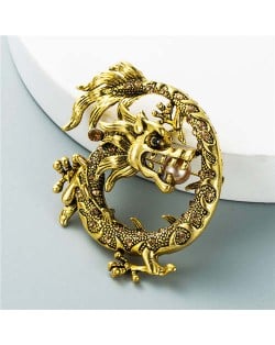 Three-dimensional Giant Dragon Rhinestone Inlaid Pattern Carving Design Hip-hop Fashion Brooch - Golden