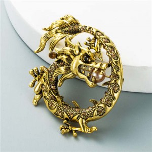 Three-dimensional Giant Dragon Rhinestone Inlaid Pattern Carving Design Hip-hop Fashion Brooch - Golden